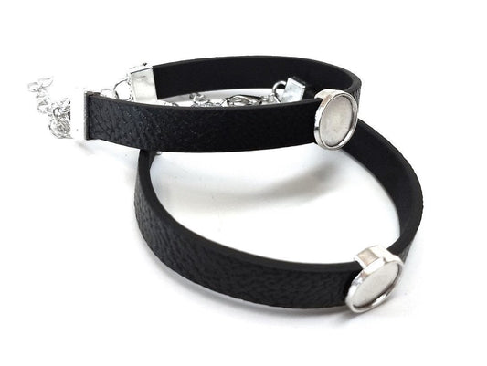 B077 - 2 pcs. Black REAL Leather Bracelets with 12mm Glue Pad Bezel Trays and Extender Chains - Adjustable from 7" to 9"