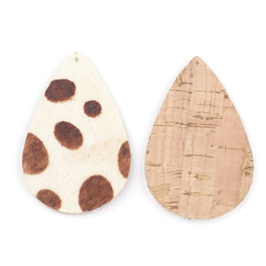 P2083 - 10 pcs. White and Brown Horse Hair Faux Leather Dangle Charms Pendants - Teardrop - 55mm (2.17") - Great for Earrings or Dangles! Cork Back