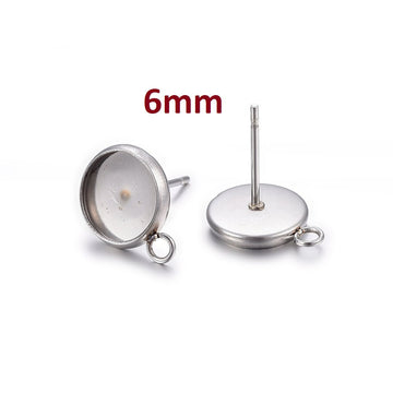 E448 - 10 pcs. 304 Stainless Steel Silver Tone Earring Posts Studs Settings Bezels Cabochons Tacks with Parallel Loop - 6mm Glue Pad Setting