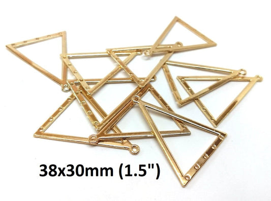 P013 - 10 pcs Gold Plated Triangle Metal Dangle Charms Pendants - 38mm x 30mm - 1.5" - Great for Making Fringe Earrings and Dangles! 5 Hole Design