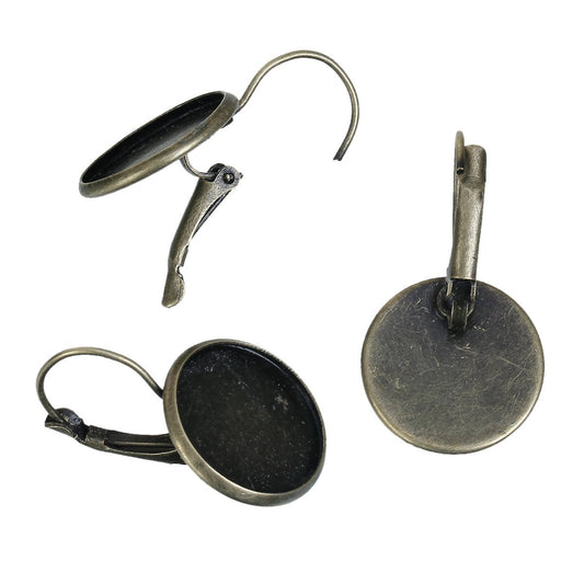 E347 - 10 pcs. Antique Bronze Earring Clips Settings Lever Back Bezels Cabochons - 16mm Glue Pad Setting - Smooth Edge