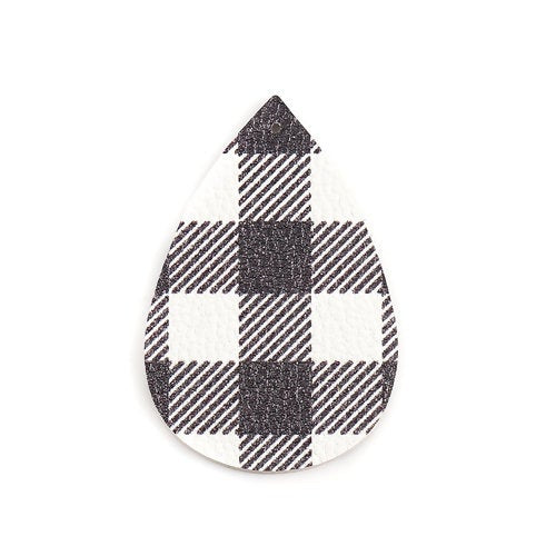 P1090 - 10 pcs Black and White Faux Leather Dangle Pendants - Teardrop - Gingham Pattern - 56mm (2.2") - Great for Earrings or Dangles! Double-Sided