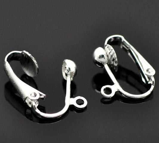 E791 - 20 pcs. Silver Plated Earring Clips Settings Lever Back with Loop - 16mm x 13mm - Great for Non-pierced Unpierced Ears