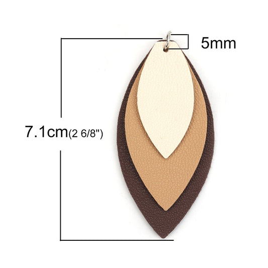 P911 - 10 pcs. Brown Khaki Beige Faux Leather Dangle Charms Pendants - Leaf - Triple Layer - 71mm (2.8") - Great for Light Earrings or Dangles