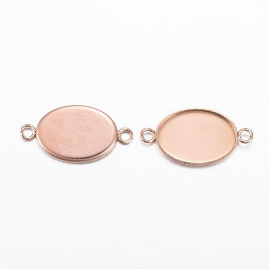 P369 - 10 pcs. 304 Stainless Steel Rose Gold Oval Bezel Cabochon Cameo Connector Tags Trays - 14mm x 10mm Glue Pad - Tarnish Resistant!
