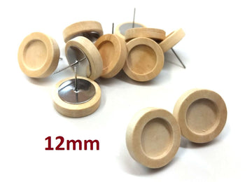 E601 - 10 pcs. Stainless Steel Earring Posts Studs Settings Bezels Cabochons Tacks - 12mm Glue Pad Setting - Silver Tone - Wood Bezel - Natural