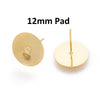 E527 - 20 pcs. (10 pairs) 304 Stainless Steel Earring Posts/Bases/Studs/Settings with Rubber Backs - Golden - 12mm x 12mm - 12mm Glue Pad
