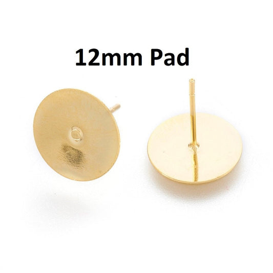 E527 - 20 pcs. (10 pairs) 304 Stainless Steel Earring Posts/Bases/Studs/Settings with Rubber Backs - Golden - 12mm x 12mm - 12mm Glue Pad