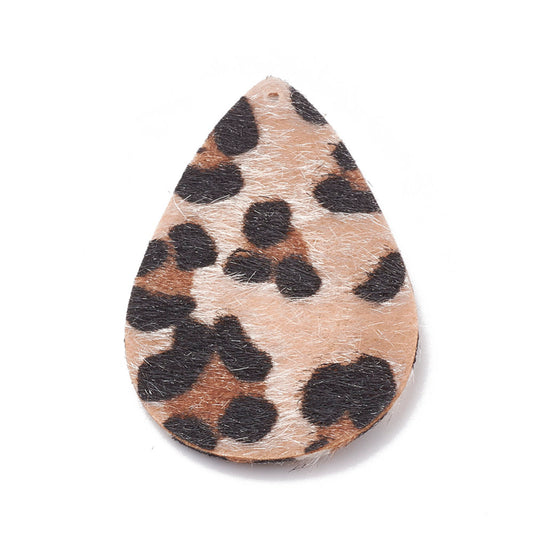 P857 - 10 pcs. Beige Leopard Faux Fur Leather Dangle Charms Pendants - Teardrop - 55mm (2.17") - Great for Light Earrings or Dangles! Double-Sided