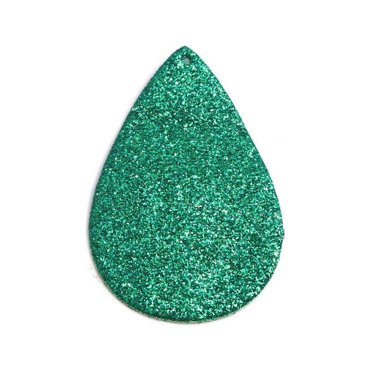 P1193 - 10 pcs. Green Glitter Faux Leather Dangle Charms Pendants - Teardrop - 56mm (2.2") - Great for Light Earrings - Double-Sided - Small Glitter