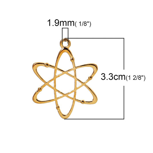P493 - 10 pcs. Gold Plated Chemistry Science Atom Charms Pendants - 33mm X 26mm - 1.3 in x 1 in