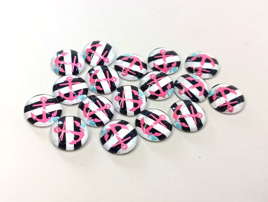 CA616 - 10 pcs Circle Nautical Pink Anchor Black Stripes Glass Round Dome Seals Tiles Cabochons - 12mm