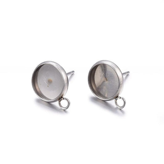 E448 - 10 pcs. 304 Stainless Steel Silver Tone Earring Posts Studs Settings Bezels Cabochons Tacks with Parallel Loop - 6mm Glue Pad Setting