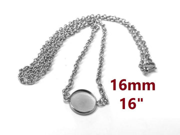N197 - 3 pcs. 304 Stainless Steel Silver Tone Chain Necklaces - 16" (40.7cm) - 16mm Bezel - Tarnish Resistant!
