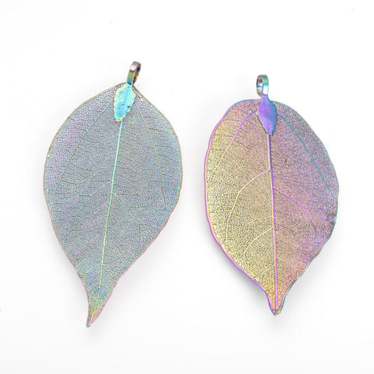 P290 - 1 pc. Electroplated Metal Rainbow Multicolor Leaf Leaves Metal Pendants Dangle Charms with Bails - 55mm (2.17") - Made of Iron!