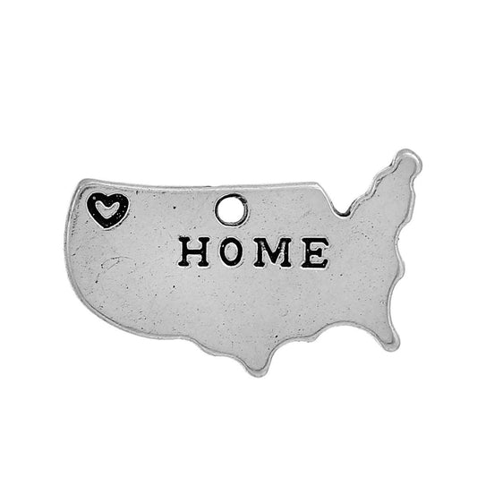 P058 - 10 pcs. Antique Silver "Home" charm with Heart - 24mm X 15mm - USA Map - Armed Forces, Travelers, Patriots! Hole Size: 1.5mm