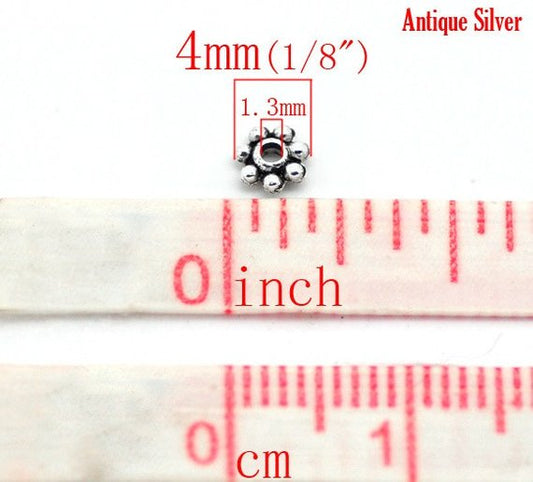 BD248 - 200 pcs Antique Silver Snowflake Daisy Spacer Beads- 4mm