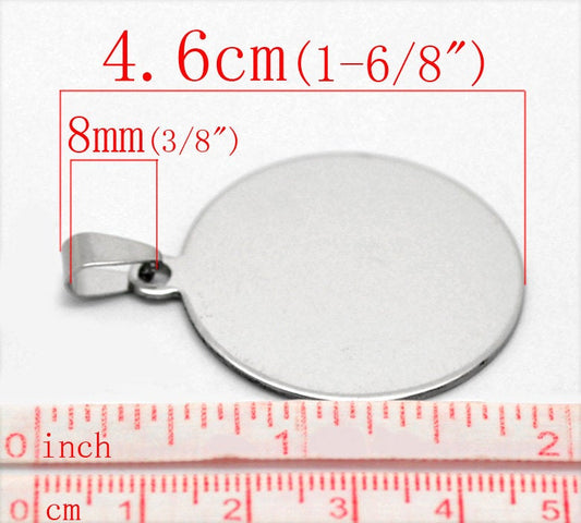 P579 - 5 pcs. Silver Tone Circle Round Stamping Pendant Tags - 34mm (1.34 inch) - LARGE - Made of  Copper