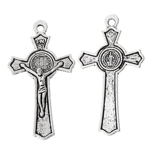 P423 - 10 pcs. Antique Silver Crucifix Cross Charms Pendants - 51mm x 28mm (2" x 1 1/8") - Hole Size: 2.6mm - INRI