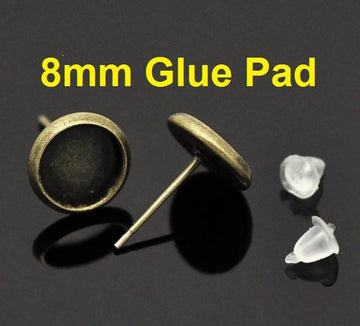 E312 - 50 pcs. Antique Bronze Earring Posts Studs Settings Bezels Cabochons Tacks- 8mm Glue Pad Setting