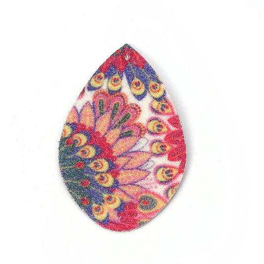 P739 - 10 pcs. Pink Blue Floral Faux Leather Dangle Charms Pendants - Sparkle - Teardrop - 55mm (2.17") - Double Sided - Great for Earrings