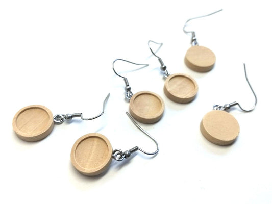 E494 - 10 pcs. Stainless Steel Silver Tone Earring Dangle Hooks Settings Bezels Cabochons - 10mm Glue Pad Setting - Wood Trays - Natural