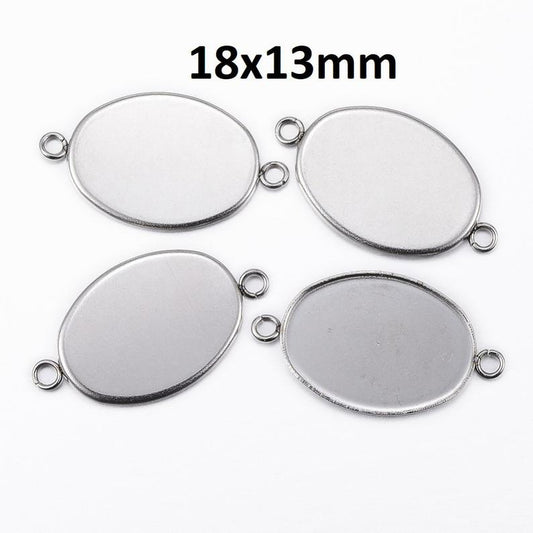 P370 - 10 pcs. 304 Stainless Steel Silver Tone Oval Bezel Cabochon Cameo Connector Tags Trays - 18mm x 13mm Glue Pad - Tarnish Resistant!