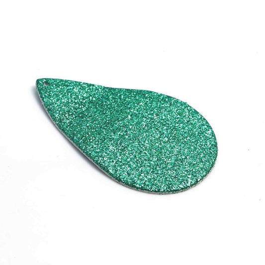 P1193 - 10 pcs. Green Glitter Faux Leather Dangle Charms Pendants - Teardrop - 56mm (2.2") - Great for Light Earrings - Double-Sided - Small Glitter