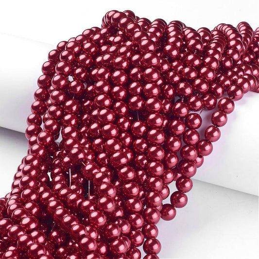 BD084 - 8mm Cherry Red Glass Pearl Imitation Round Beads - 32 inch strand (105 pieces) - Hole Size: 1mm