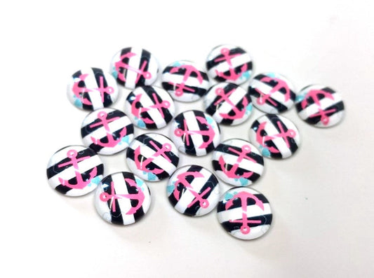 CA616 - 10 pcs Circle Nautical Pink Anchor Black Stripes Glass Round Dome Seals Tiles Cabochons - 12mm
