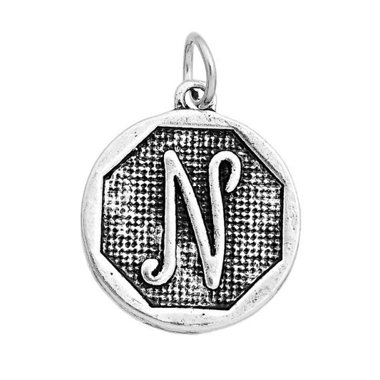 P099 - 4 pcs. Antique Silver LARGE Letter "N" Alphabet Letter Charm Pendant - 23mm x 20mm - Stamped Design