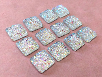 CA789 - 10 pcs Druzy Resin Embellishment Cabochons Clear Multicolor AB - 12mm - Square - Dome Style