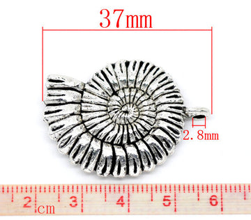 P524A - 2 pcs. LARGE - 1.46 in - Antique Silver Tone Beach Spiral Shell Charms Pendants - 37mm x 27mm (1.46 in x 1.06 in)