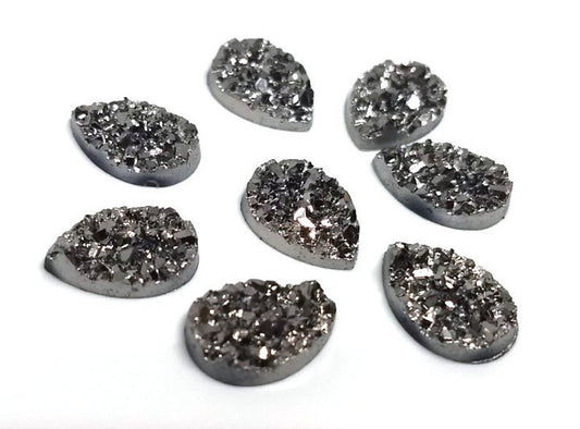 CA663 - 10 pcs Druzy Resin Embellishment Cabochons Gunmetal - 14x10mm - Teardrop - 14mm x 10mm - 3mm Thick