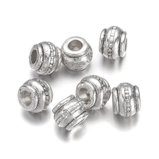 BD686 - 50 pcs. Antique Silver Metal Tibetan Round Pot Barrel Spacer Beads- 9mm x 7mm - Hole Size: 4mm