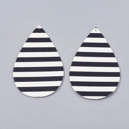 P154 - 10 pcs. Black and White Stripe Faux Leather Dangle Charms Pendants - Teardrop - 70mm (2.76") - Great for Earrings! Double Sided
