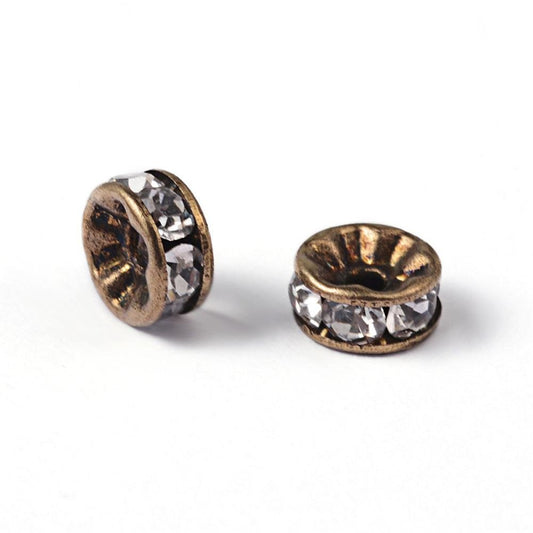 BD587 - 20 pcs Antique Bronze Clear Rhinestone Rondelle Spacer Beads - 6mm x 3mm - Grade AAA - Hole Size: 1mm - Straight Edge