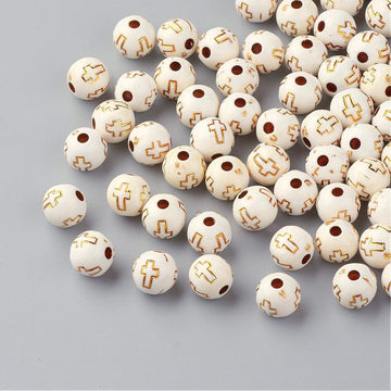BD010 - 100 pcs Ivory Cream Acrylic Round Spacer Beads - 8mm - Gold Plated Cross Design - Hole Size: 2mm