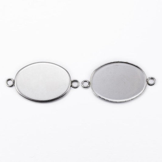 P370 - 10 pcs. 304 Stainless Steel Silver Tone Oval Bezel Cabochon Cameo Connector Tags Trays - 18mm x 13mm Glue Pad - Tarnish Resistant!