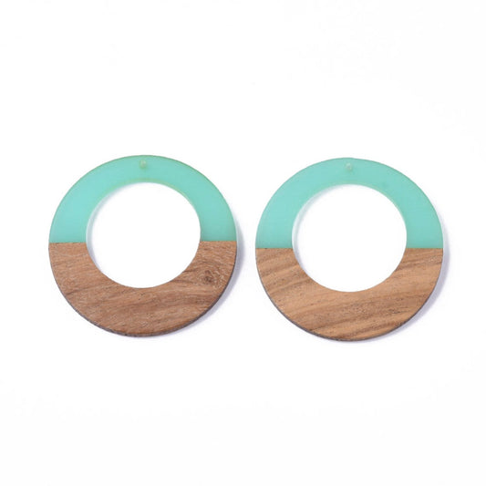 P2203 - 4 pcs. Teal Clear Resin and Wood Hoop Flat Pendant - 49mm - (1.93")- LARGE - Great for Earrings and Necklaces!