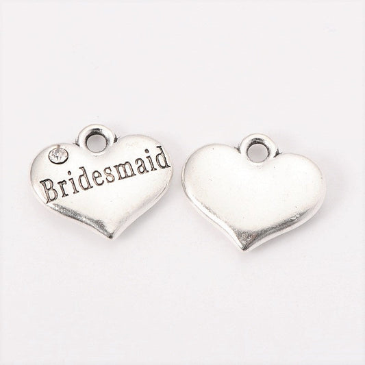 P077 - 10 pcs. Antique Silver "Bridesmaid" heart charm with rhinestone - 16mm x 14mm
