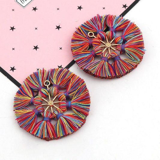 P2063 - 2 pcs. Multicolor Rainbow Cotton Tassel Pendants with Gold Plated Loop - 52mm - 2.04 inch