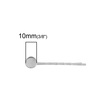 H062 - 10 pcs. - Silver Tone Hair Bobby Pins Cabochons Bezels - 59mm (2 1/4") x 12mm (1/2") - 10mm Glue Pad