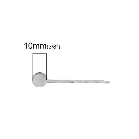 H062 - 10 pcs. - Silver Tone Hair Bobby Pins Cabochons Bezels - 59mm (2 1/4") x 12mm (1/2") - 10mm Glue Pad