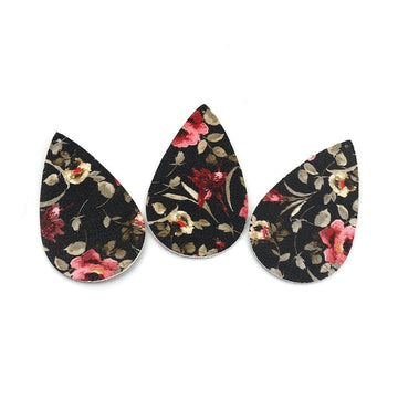 P874 - 10 pcs. Black and Pink Floral Faux Leather Dangle Charms Pendants - Teardrop - 56mm (2.2") - Double Sided - Great for Earrings, Necklaces or Dangles