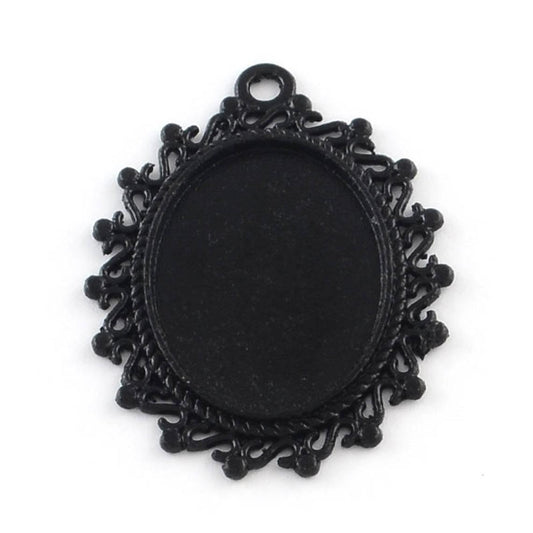 P2215 - 10 pcs. Black Plated Oval Pendant Picture Photo Frame Bezel Tray Setting Pendants Charms - Fits 25mm x 18mm - 25x18mm - Cabochons / Cameos