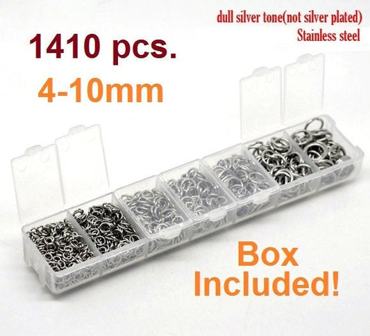 J272 - Box with Assortment of 1410pcs 304 Stainless Steel Open Jump Rings- 4mm to 10mm - Tarnish Resistant!