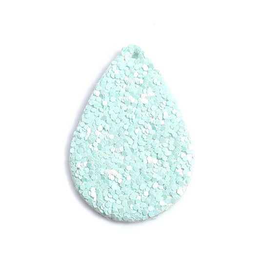 P1194 - 10 pcs. Teal Glitter Faux Leather Dangle Charms Pendants - Teardrop - 56mm (2.2") - Great for Light Earrings - Double-Sided - Solid