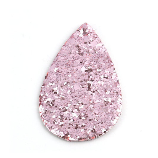 FL0004 - 10 pcs. Pink Blush Glitter Faux Leather Dangle Charms Pendants - Teardrop - 58mm (2.3") - Great for Light Earrings and Dangles! Double-Sided