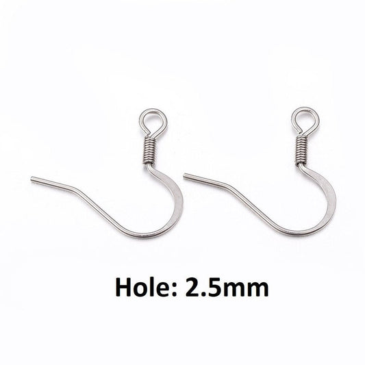 E715 - 50 pcs 304 Stainless Steel Silver Tone Earring Hooks with Spring - 19mm x 17mm - Hole Size: 2.5mm - Tarnish Resistant!